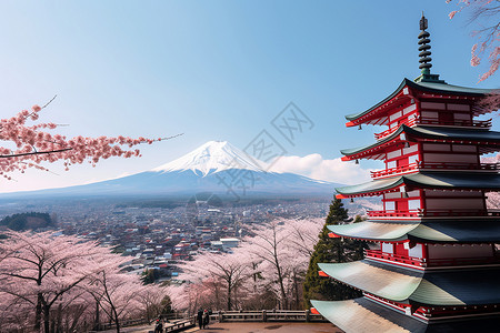 白雪中的富士山与樱花背景图片