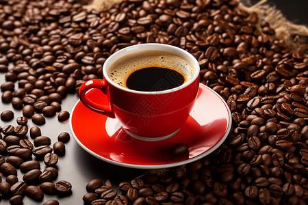 红色的咖啡杯和咖啡豆背景图片