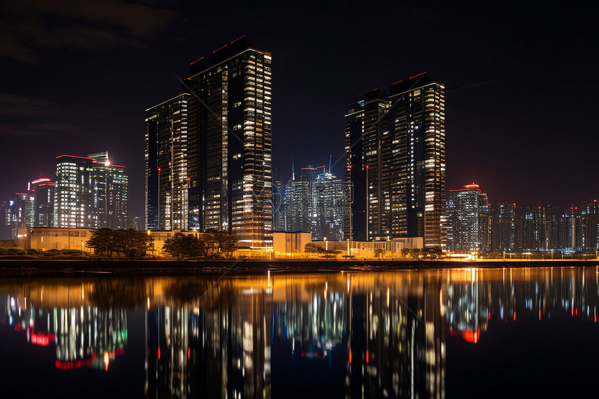 夜幕下的湖畔城市夜景图片