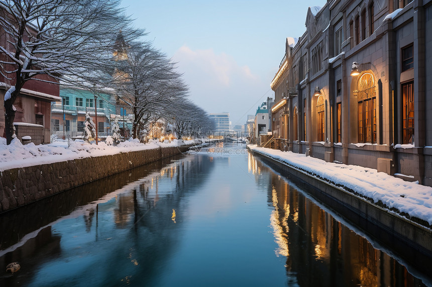 白雪覆盖城市运河图片