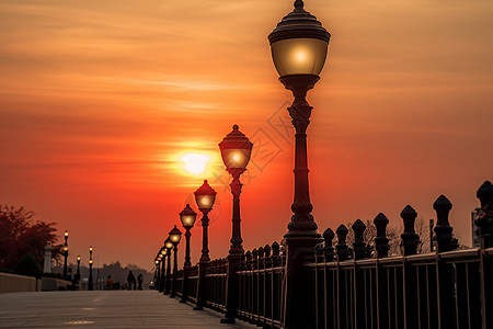 夕阳下的桥梁路灯背景图片