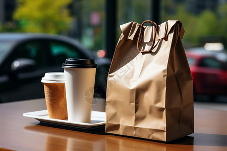 忙和盲袋素材桌子上的咖啡和牛皮袋背景