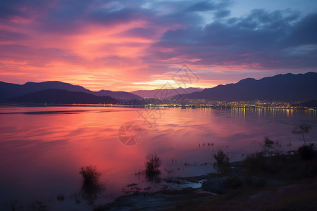 湖泊倒映璀璨夕阳图片