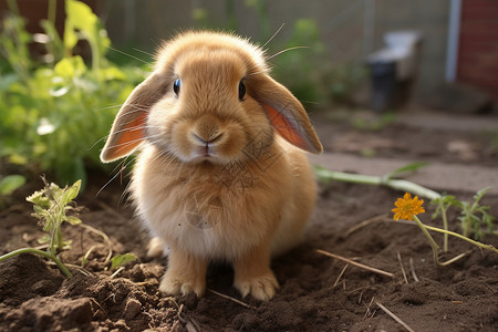 兔子在泥土上坐着图片
