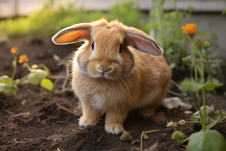 ps兔耳素材泥土上的垂耳兔背景