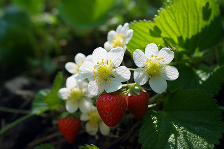 草莓果园绿叶间的草莓背景
