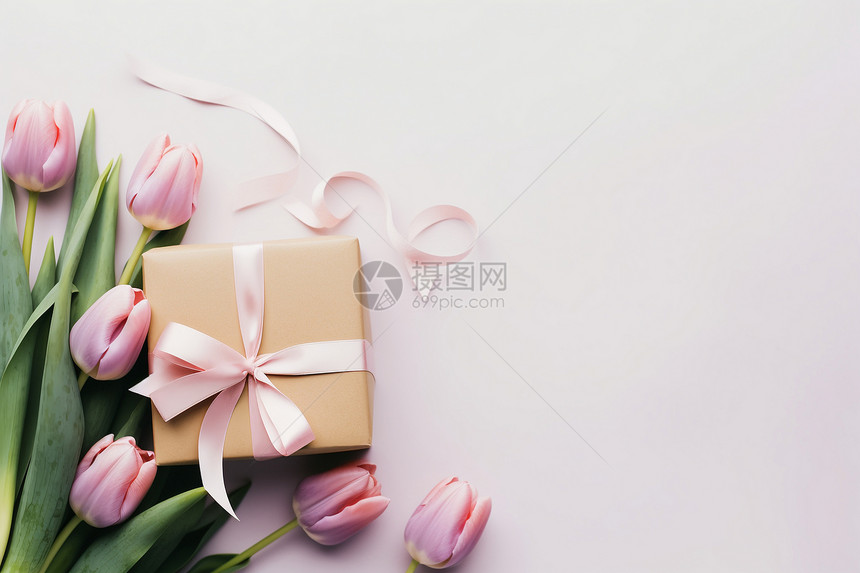 一束鲜花与粉色丝带的礼盒图片