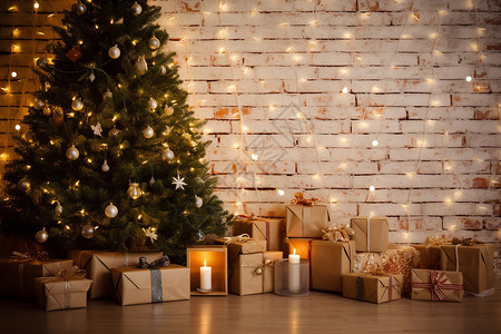 房间的圣诞树礼物和蜡烛高清图片
