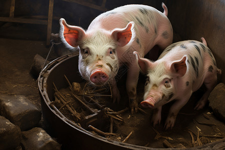 谷仓里的猪养殖食槽高清图片