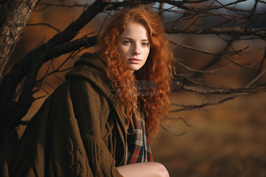 坐在树桩上的红发美女图片
