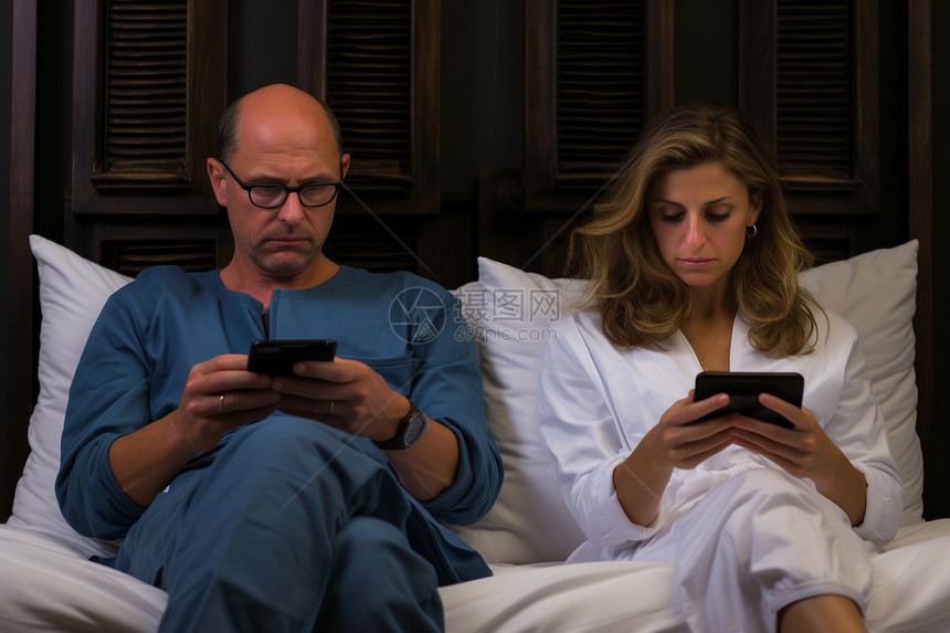 坐在床上玩手机的夫妻图片