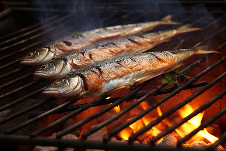火焰中烤着几条鱼图片