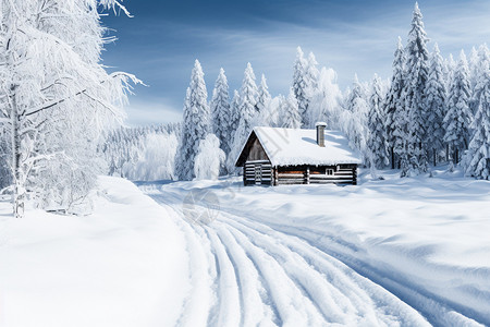 冬天森林里的小屋高清图片
