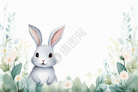 花丛边框草丛里的小兔子边框画插画