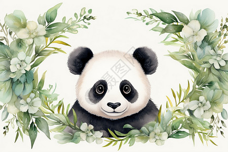 花叶间的熊猫背景图片