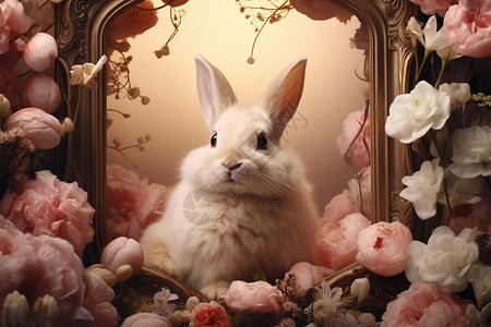可爱粉色相框兔子坐在花丛中插画