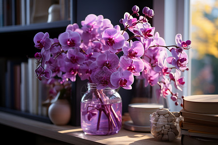窗前紫色的花图片