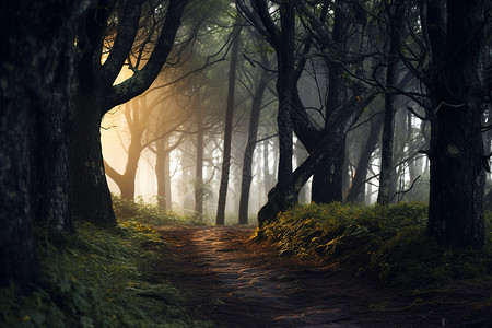 森林中的晨曦之路图片