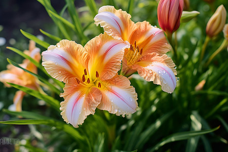 粉红色百合花夏日花园中的鲜花盛开背景