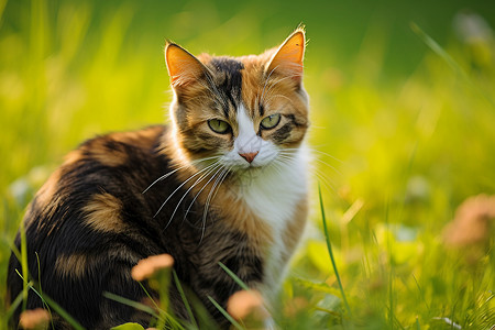 猫咪在草坪上坐着图片