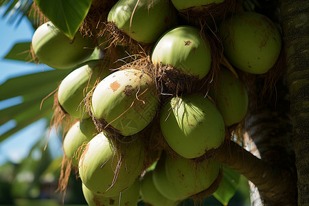 椰子树和椰子接满果实的椰子树背景