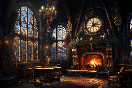 壁炉小屋的圣诞节装饰背景图片