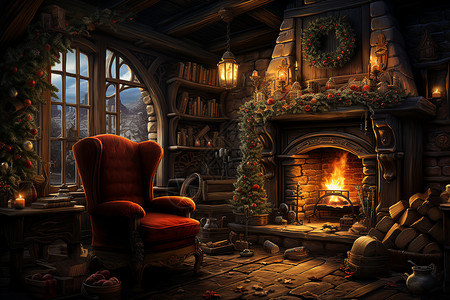 温馨的木屋圣诞节装饰背景图片