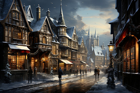 冬季雪后的欧洲古典街道高清图片