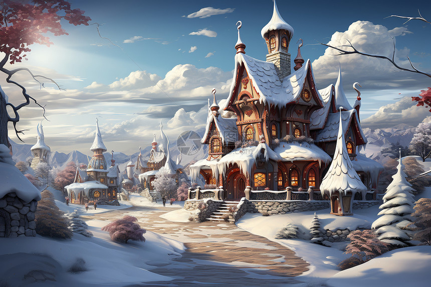 冬季林中的童话小屋图片