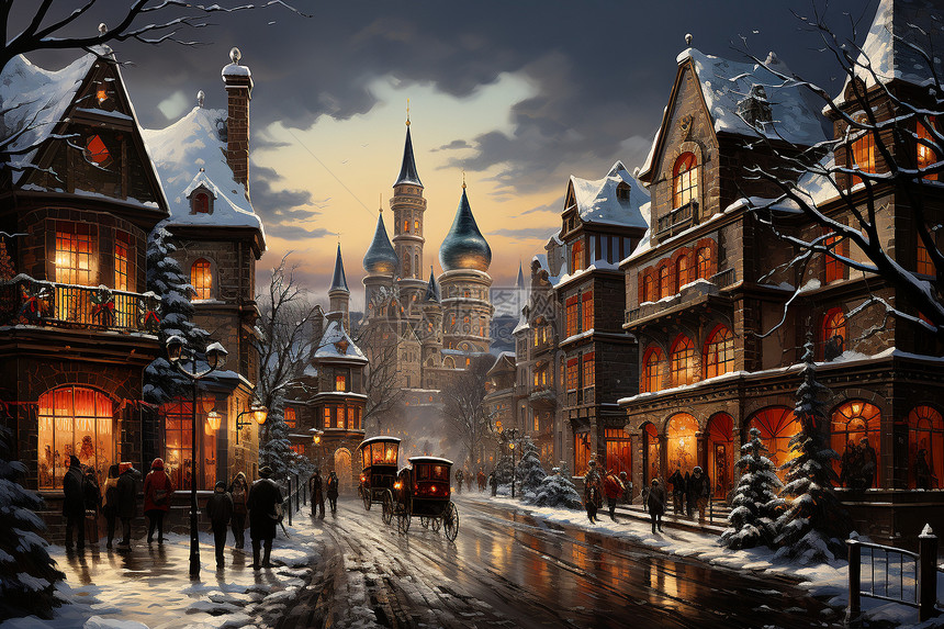 冬季雪后热闹的城镇街头图片