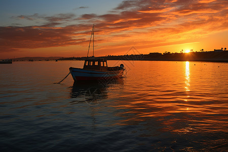 夕阳下海面上捕鱼的渔船图片