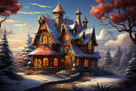 冬季林间的童话小屋图片