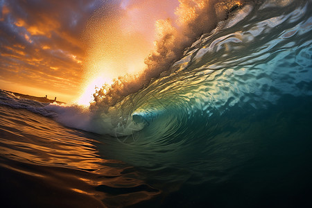 波浪中的船日落时海洋中的波浪背景