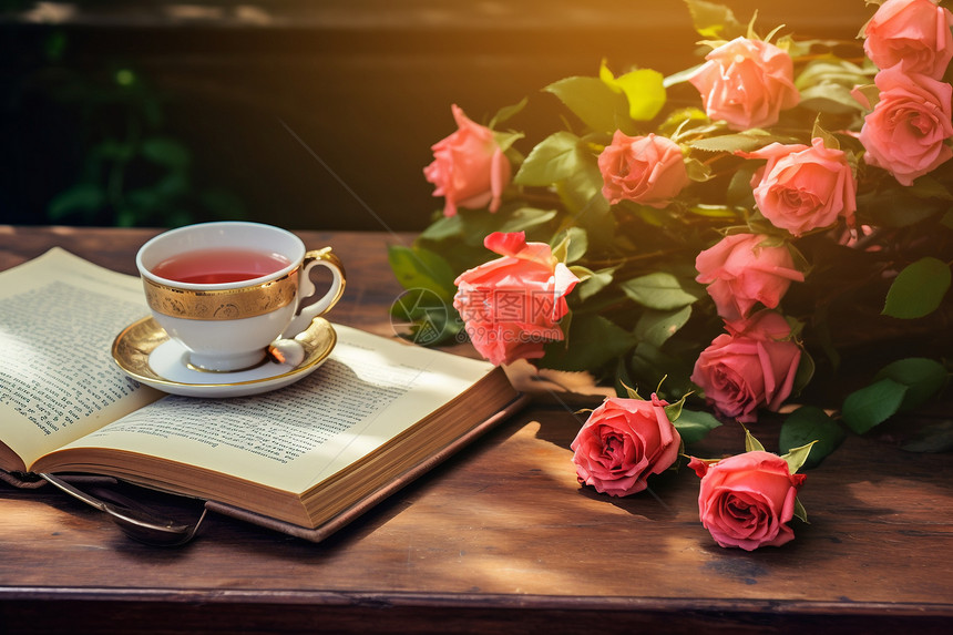 桌面上浪漫的玫瑰和书籍图片