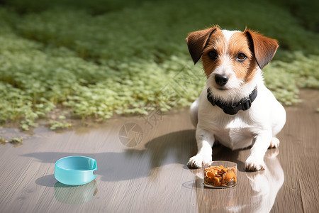 户外地板上准备进食的小狗食物高清图片素材