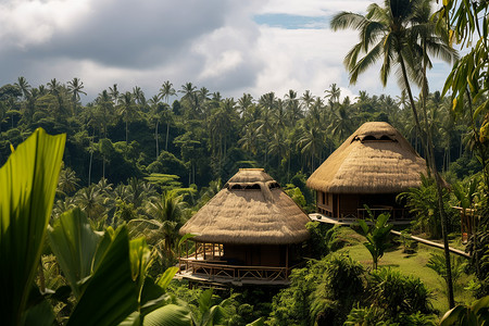 夏季雨林中的茅草屋背景图片