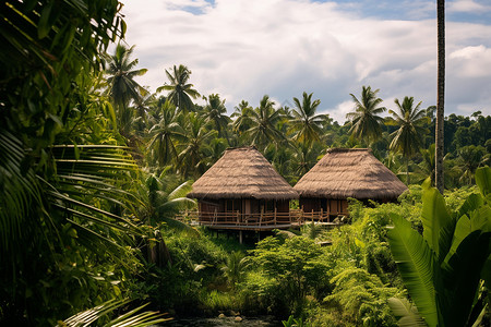 热带棕榈林中的茅草屋高清图片