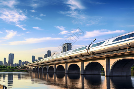 城市河流上的列车桥梁图片