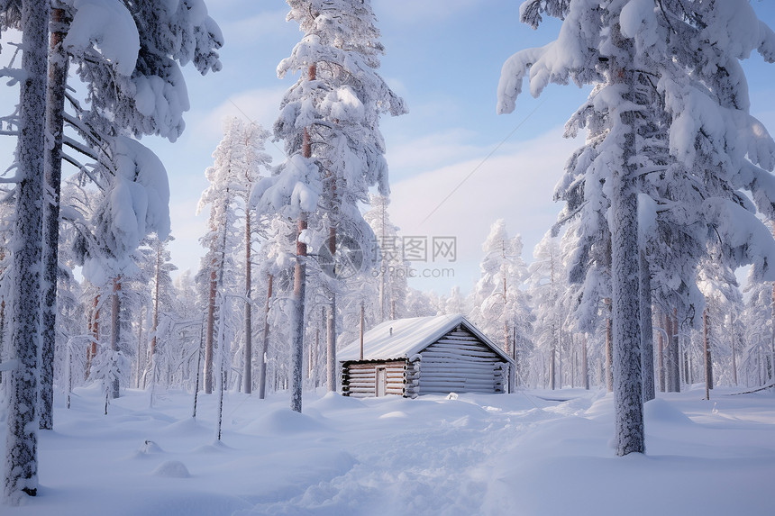 冬季大雪覆盖的林中小屋图片