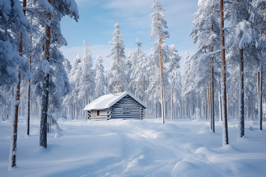 冬季林中的小木屋图片