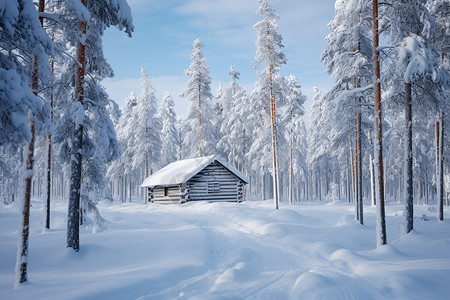 小木屋雪景冬季林中的小木屋背景