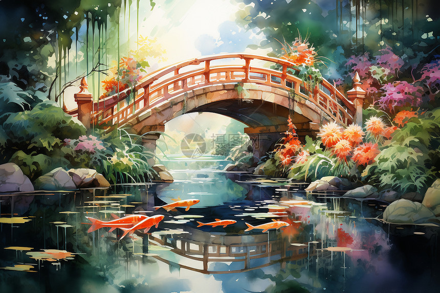 林中梦幻的拱桥插图图片