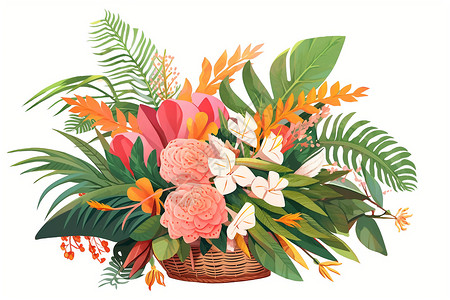 花篮插花颜色艳丽的热带花束插图插画