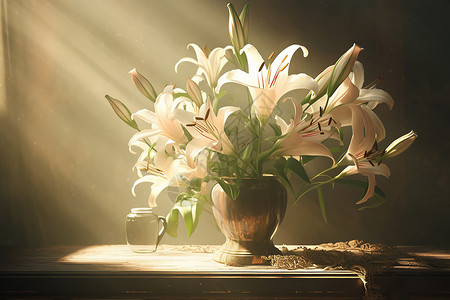 光线中的典雅百合花花瓶图片