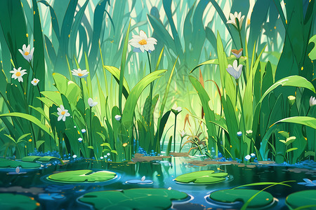 夏季池塘中茂盛的鸢尾花高清图片