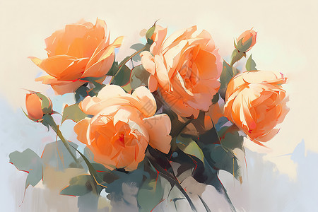 颜色艳丽的橘色玫瑰油画插图背景图片