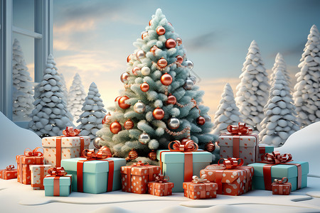 炫彩装饰炫彩树与礼物圣诞场景背景