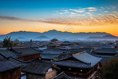 日落余晖下的古城风景图片