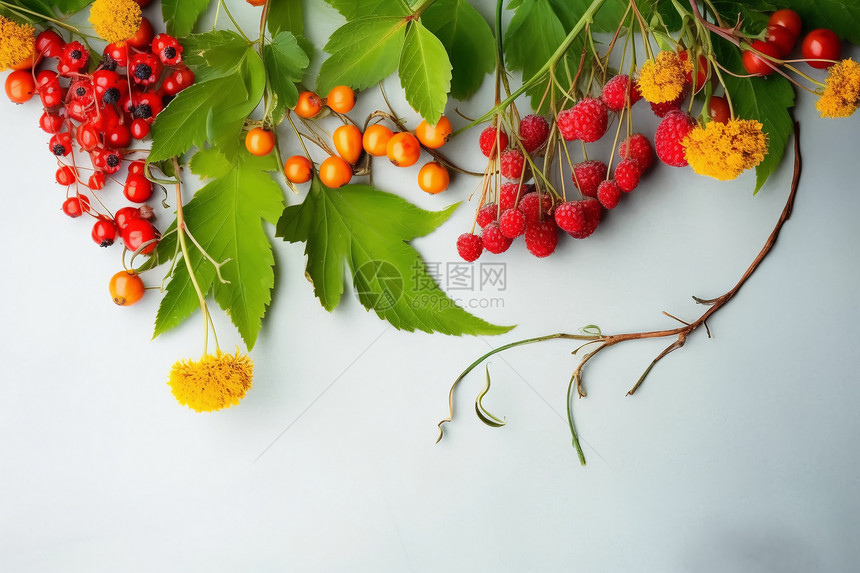 红莓和叶子的自然静物图片