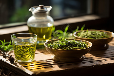 清香茶水茶台上的绿茶背景